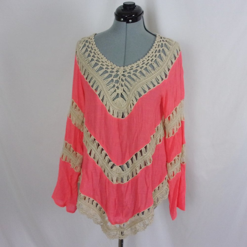 Umgee Crochet Blouse Salmon Tiered L
